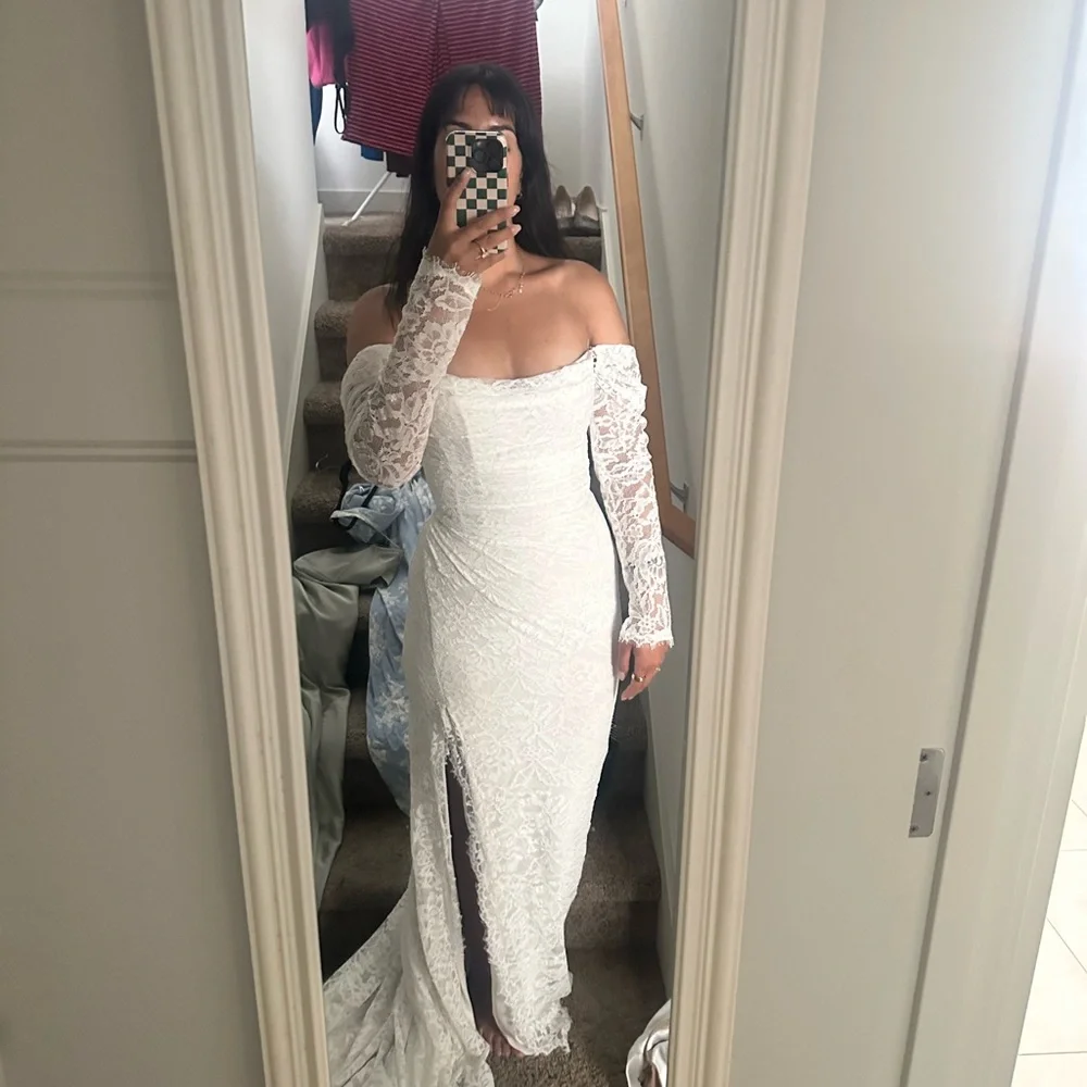 Jenny Yoo White Dove Long-Sleeve Off-Shoulder Sleeve Wedding Dress - Picture 5 of 5